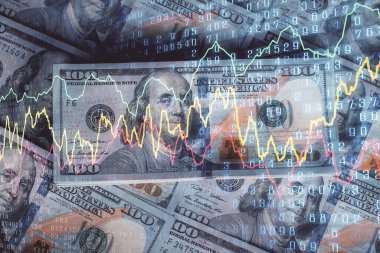 Forx grafiğinin çok sayıda görüntüsü bize dolar banknotları arka planında görünüyor. Finansal başarı piyasası kavramı.