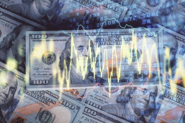 Forx grafiğinin çok sayıda görüntüsü bize dolar banknotları arka planında görünüyor. Finansal başarı piyasası kavramı.