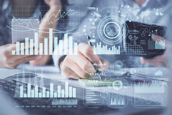 Double exposure of man and woman working together and financial graph hologram. Business concept. Computer background. — Stock Photo, Image