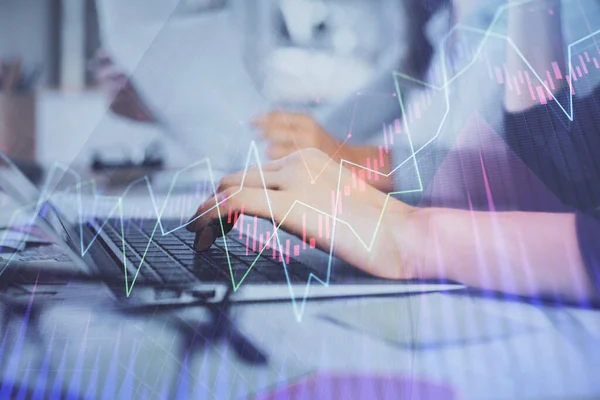 Multi exposure of woman hands typing on computer and financial graph hologram drawing. Stock market analysis concept. — Stock Photo, Image