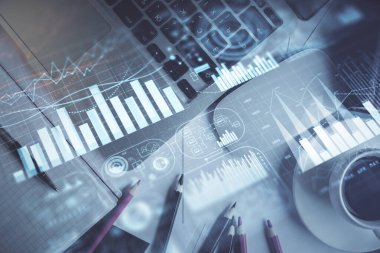 Bilgisayarla arka plan üzerine iki kat mali şema çizimi. Araştırma ve analiz kavramı. Üst görünüm.