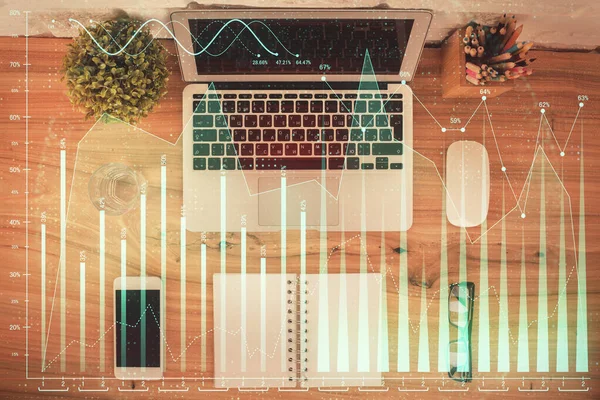 Multi exposure of financial chart drawing over table background with computer. Concept of research. Top view. — Stock Photo, Image