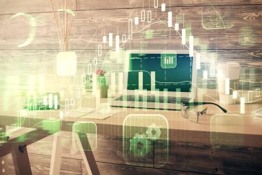 Finansal grafik çizimine ve ofis içi arka planına çifte maruz kalma. Borsa konsepti.