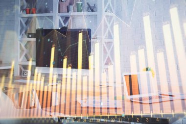 Finansal grafik çizimine ve ofis içi arka planına çifte maruz kalma. Borsa konsepti.