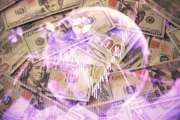 Multi blootstelling van forex grafiek tekenen over ons dollar biljet achtergrond. Begrip financiële succesmarkten. — Stockfoto