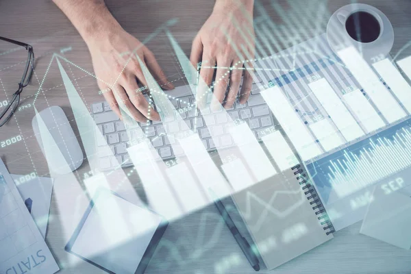 Multi exposure of mans hands typing over computer keyboard and forex graph hologram drawing. Top view. Financial markets concept. — Stock Photo, Image