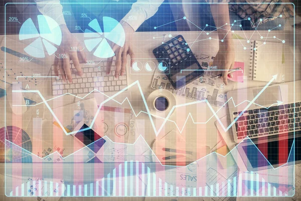 Double exposure of man and woman working together and financial chart hologram drawing. market analysis concept. Computer background. Top View. — Stock Photo, Image