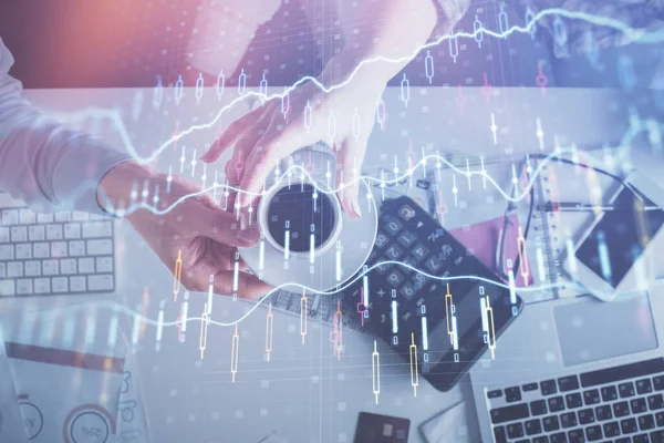 Double exposure of man and woman working together and financial chart hologram drawing. market analysis concept. Computer background. Top View. — Stock Photo, Image