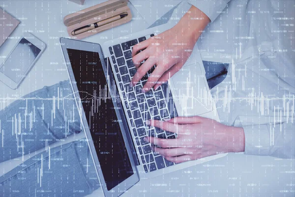 Double exposure of woman hands working on computer and forex graph hologram drawing. Top View. Financial analysis concept. — Stock Photo, Image