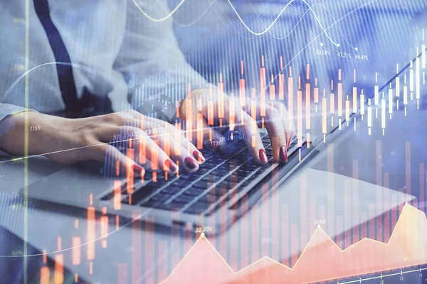 Multi exposure of woman hands typing on computer and financial graph hologram drawing. Stock market analysis concept. — Stock Photo, Image