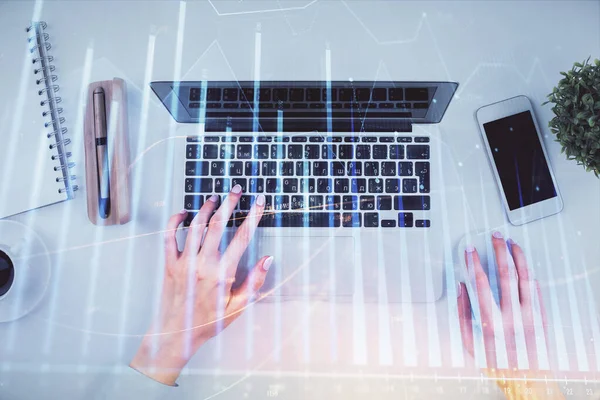 Double exposure of woman hands working on computer and forex chart hologram drawing. Top View. Financial analysis concept. — Stock Photo, Image