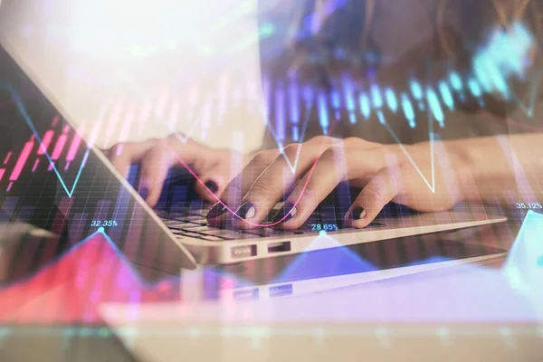 Double exposure of woman hands typing on computer and forex chart hologram drawing. Stock market invest concept. — Stock Photo, Image