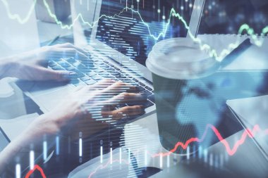 Bilgisayarda ve ön x grafik hologram çiziminde kadın eli yazarken çift pozlama. Borsa yatırım kavramı.