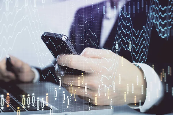 stock image Multi exposure of mans hands holding and using a digital phone and forex graph drawing. Financial market concept.