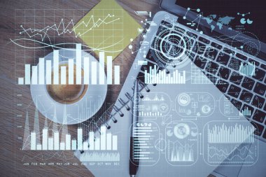 Bilgisayarla ön plan arkaplanını çizerken çift pozlama. Finansal araştırma ve analiz kavramı. Üst görünüm.