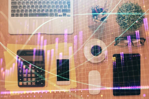 Double exposure of forex chart hologram over desktop with phone. Top view. Mobile trade platform concept. — Stock Photo, Image