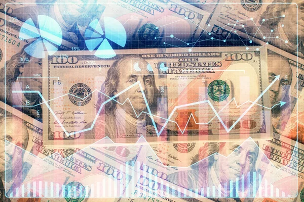 Multi exposure of forex chart drawing over us dollars bill background. Concept of financial success markets. — Stock Photo, Image