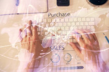 Dizüstü bilgisayar klavyesini ve ön x çizim hologramını yazarken çift pozlama. Üst Manzara. Finans piyasası kavramı.