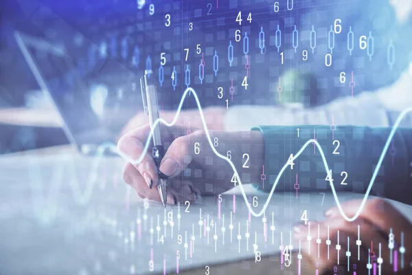 Doppelbelichtung des Devisendiagramms über Personen, die Notizen machen Hintergrund. Konzept der Finanzanalyse — Stockfoto