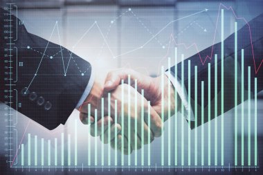 Forx grafik hologramı ve iki adamın el sıkışması. Borsa konsepti.