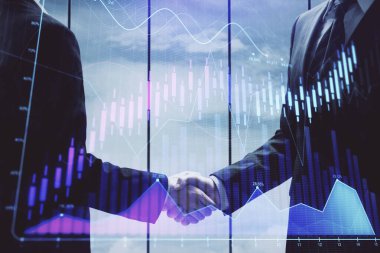 Forx grafik hologramı ve iki adamın el sıkışması. Borsa konsepti.