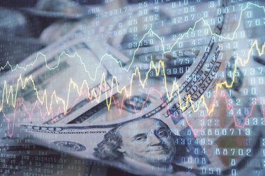Önx grafiğinin arka plandaki dolarları iki katına çıkarması. Finans piyasası kavramı.