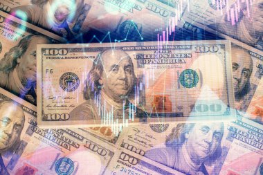 Forx grafiğinin çok sayıda görüntüsü bize dolar banknotları arka planında görünüyor. Finansal başarı piyasası kavramı.