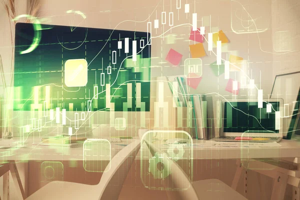 Finansal grafik çizimine ve ofis içi arka planına çifte maruz kalma. Borsa konsepti.
