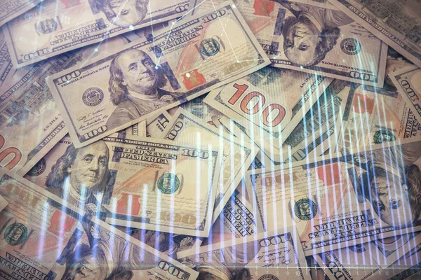 Multi exposición de gráfico de divisas dibujo sobre nosotros dólares fondo de la factura. Concepto de mercados de éxito financiero. — Foto de Stock