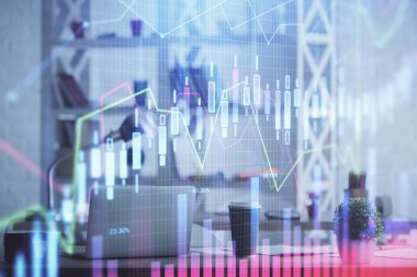 Borsa grafik çizimi ve ofis içi arka planının iki katına çıkarılması. Mali analiz kavramı.