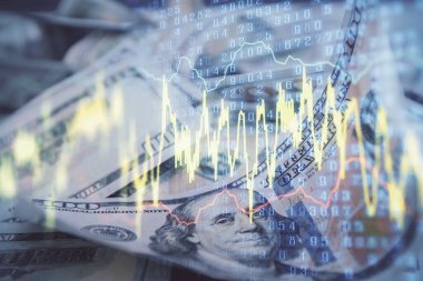 Önx grafiğinin arka plandaki dolarları iki katına çıkarması. Finans piyasası kavramı.