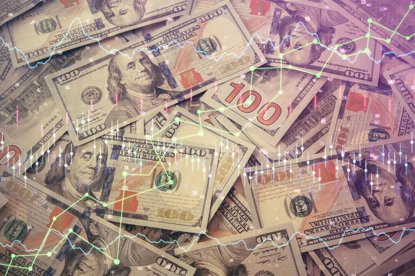 Multi exposure of forex chart drawing over us dollars bill background. Concept of financial success markets. — Stock Photo, Image
