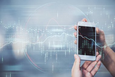 Ön x grafik çizimine çift pozlama hologram ve cep telefonu kullanan bir kadın. Borsa konsepti.