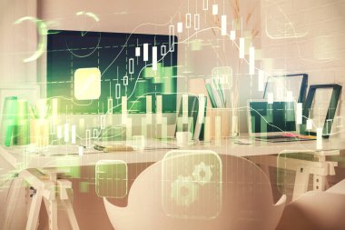 Finansal grafik çizimine ve ofis içi arka planına çifte maruz kalma. Borsa konsepti.