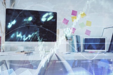 Finansal grafik çizimine ve ofis içi arka planına çifte maruz kalma. Borsa konsepti.