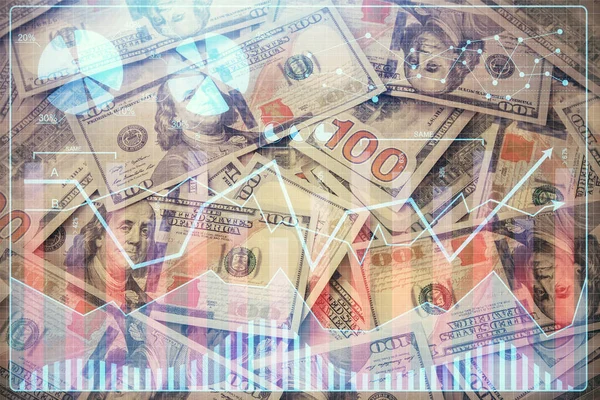 Multi exponering av forex diagram ritar över oss dollar Bill bakgrund. Begreppet marknader för finansiella framgångar. — Stockfoto