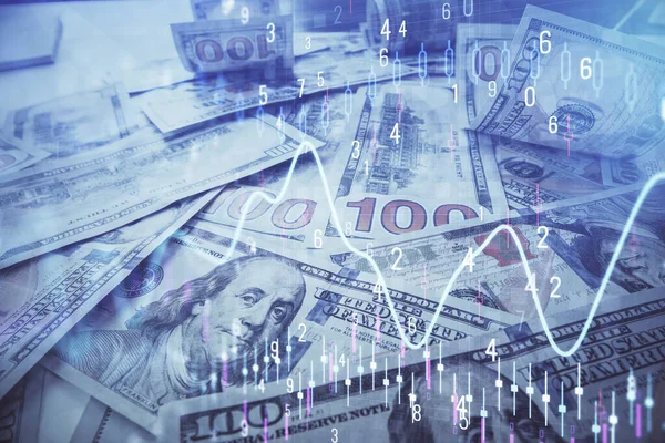 Multi blootstelling van forex grafiek tekenen over ons dollar biljet achtergrond. Begrip financiële succesmarkten. — Stockfoto
