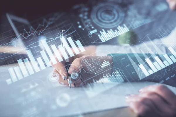 Double exposure of forex chart drawing over people taking notes background. Concept of financial analysis — Stock Photo, Image