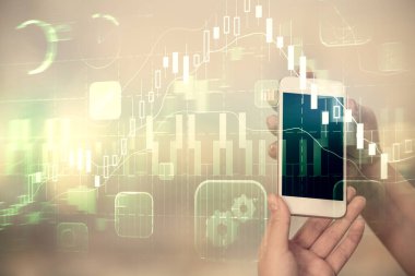 Ön x grafik çizimine çift pozlama hologram ve cep telefonu kullanan bir kadın. Borsa konsepti.