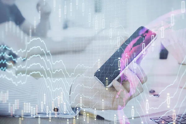 Double exposure of mans hands holding and using a digital device and forex graph drawing. Financial market concept. — Stock Photo, Image