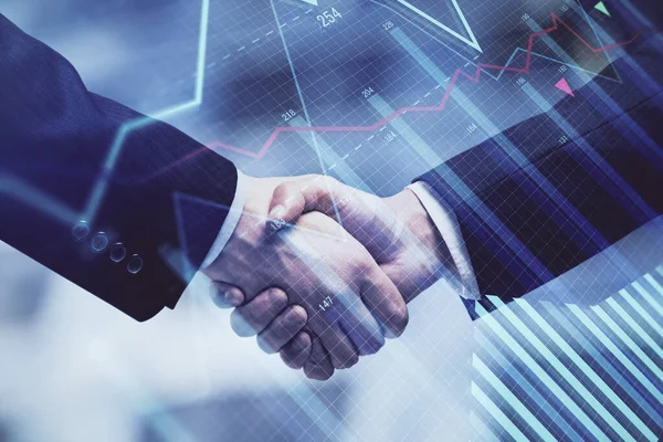 Double exposure of forex graph hologram and handshake of two men. Stock market concept. — Stock Photo, Image