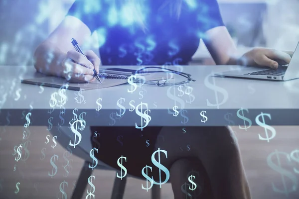 Doppelbelichtung von Geschäftsfrau Hände Tippen auf Computer und Forex-Diagramm Hologrammzeichnung. Finanzanalysekonzept. — Stockfoto