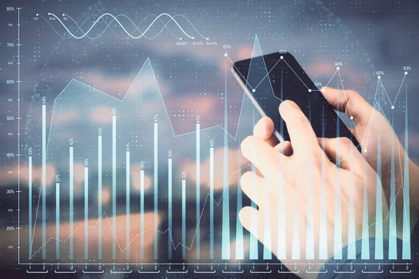 Double exposure of mans hands holding and using a digital device and forex graph drawing. Financial market concept. — Stock Photo, Image