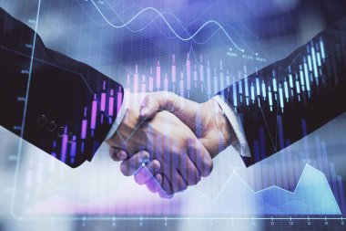 Forx grafik hologramı ve iki adamın el sıkışması. Borsa konsepti.