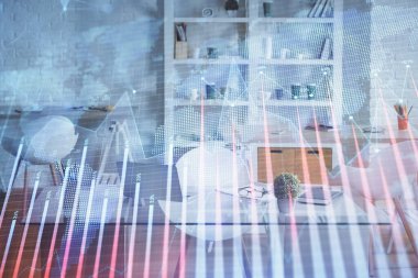 Finansal grafik çizimine ve ofis içi arka planına çifte maruz kalma. Borsa konsepti.