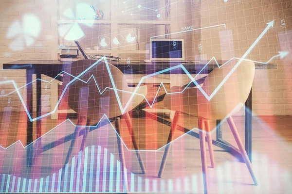 Багаторазова експозиція малювання фінансових графів та внутрішнього фону офісу. Концепція аналізу ринку . — стокове фото