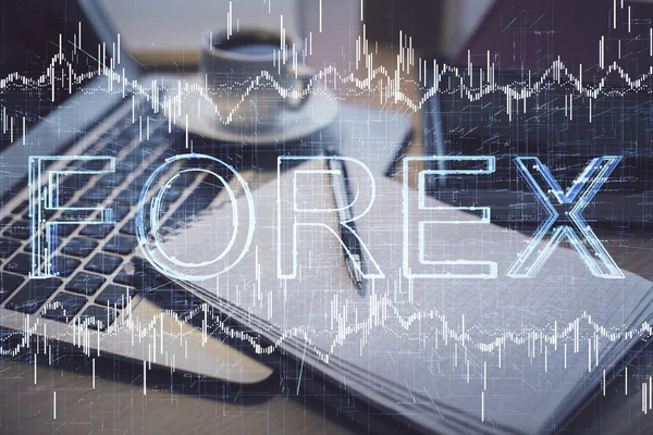 Doble exposición del dibujo gráfico de divisas y escritorio con café y artículos en el fondo de la mesa. Concepto de negociación en el mercado financiero — Foto de Stock