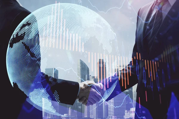 Double exposure of forex graph hologram and handshake of two men. Stock market concept. — Stock Photo, Image