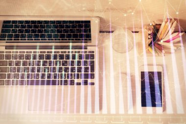 Bilgisayarla önx grafik arkaplanının çok açılımlı çizimi. Finansal analiz kavramı. Üst görünüm.