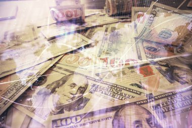 Forx grafiğinin çok sayıda görüntüsü bize dolar banknotları arka planında görünüyor. Finansal başarı piyasası kavramı.